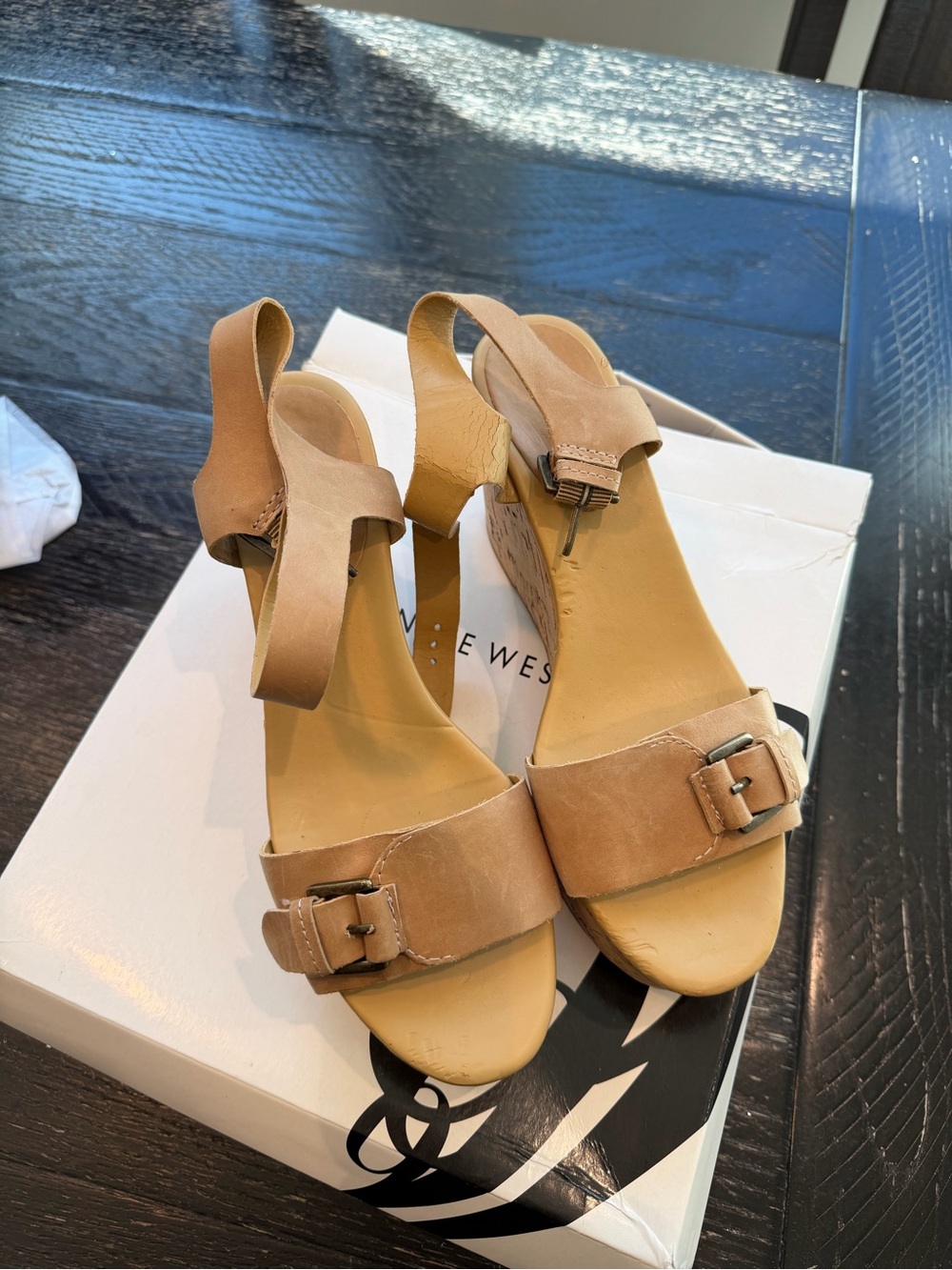 Nine West Tan Leather Buckle Ankle-Strap Sandals